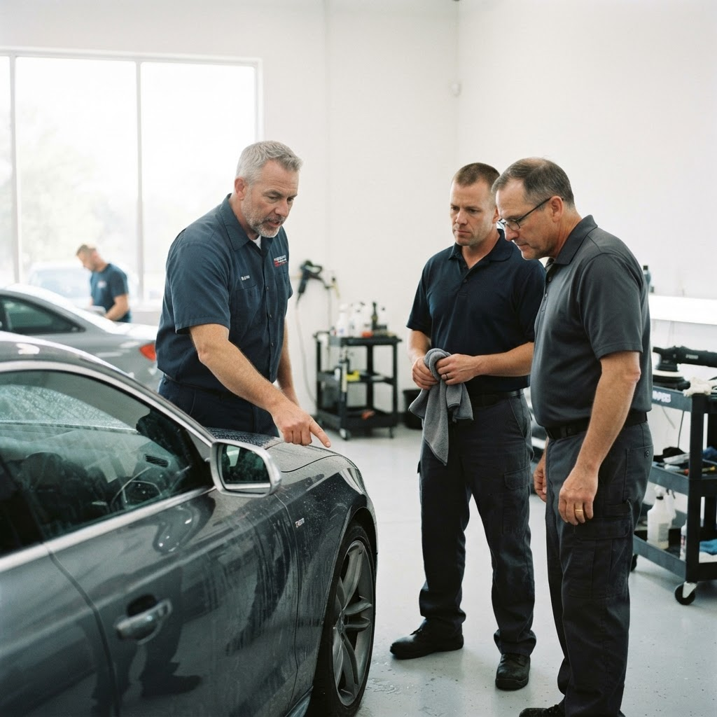 An instructor teaching a small group of veterans hands-on automotive reconditioning in a bright shop