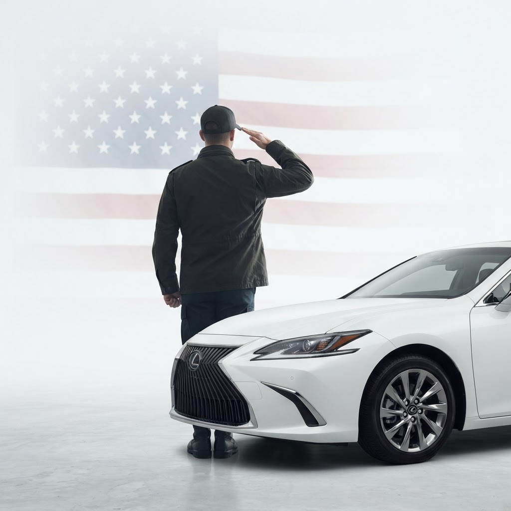 A U.S. military veteran saluting beside a clean modern white sedan, symbolizing the transition from service into an automotive career