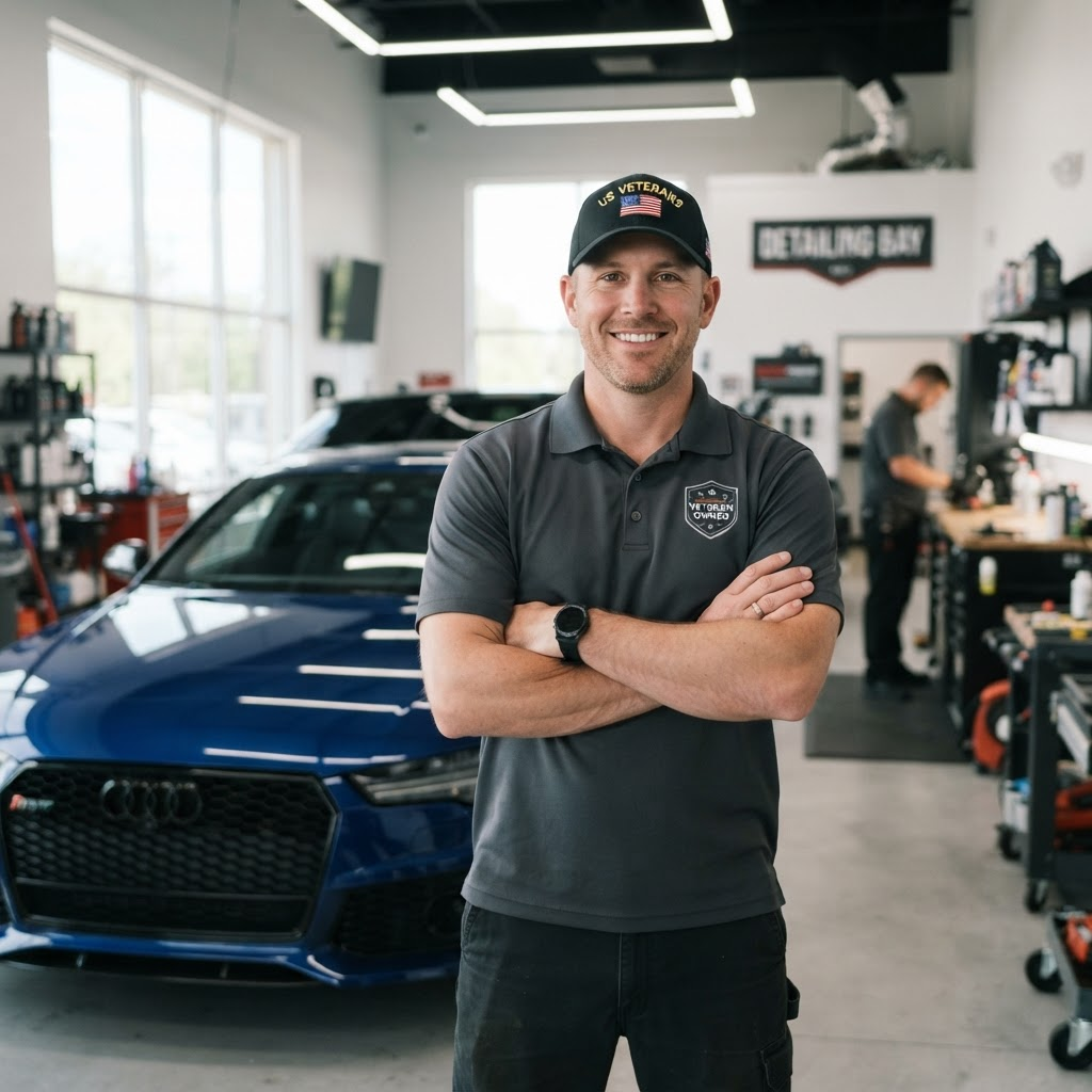 Placeholder portrait of a graduate in an automotive detailing shop