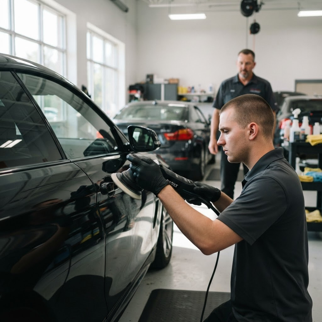 A veteran student polishing a vehicle panel during hands-on reconditioning training