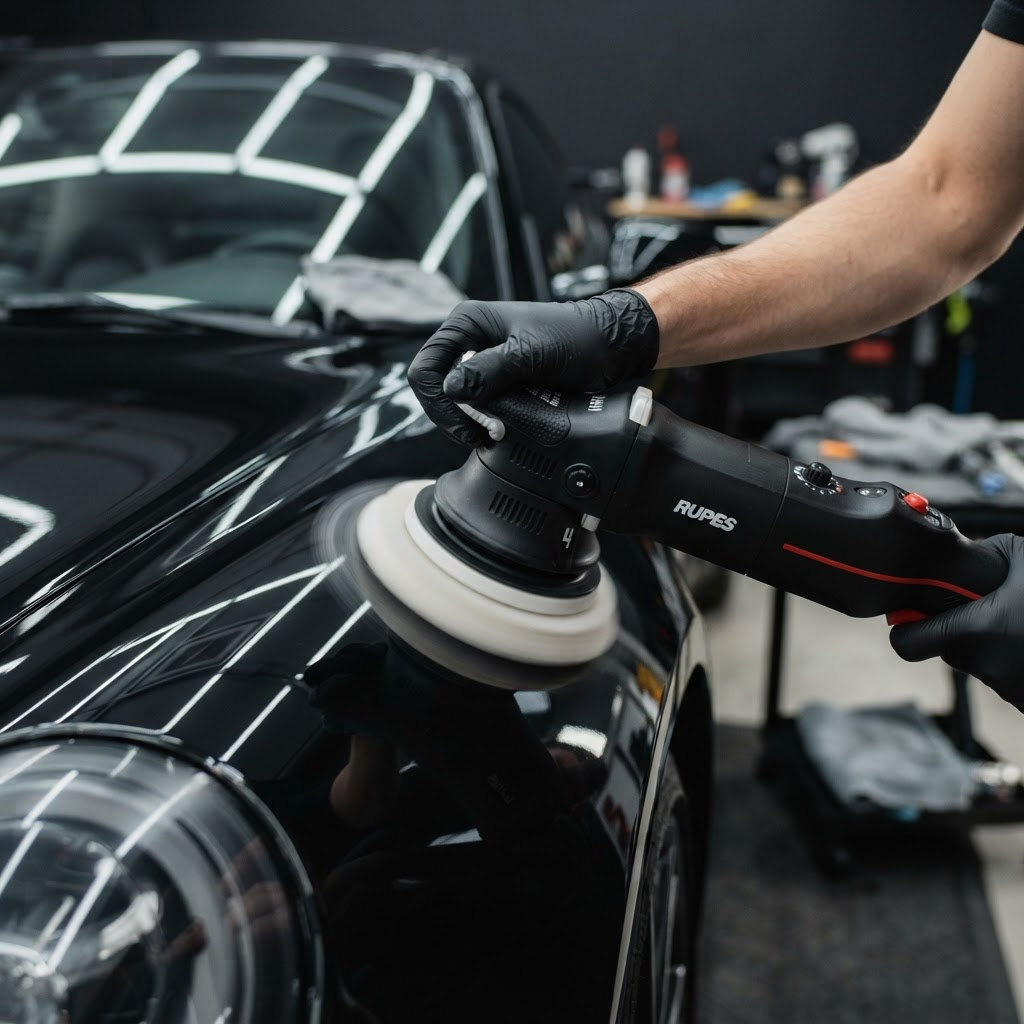 Technician polishing glossy automotive paint with a dual-action buffer