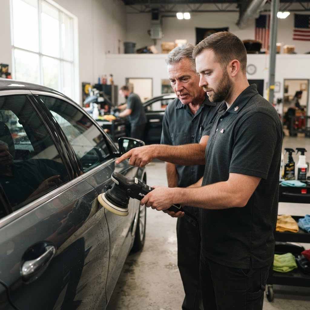 A military veteran learning hands-on automotive reconditioning alongside an instructor in a bright detailing shop