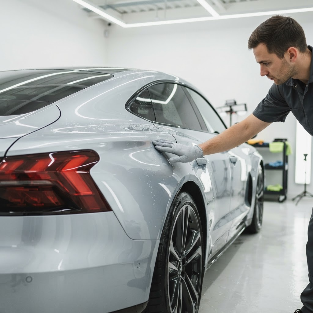 A technician inspecting the flawless glossy finish of a freshly reconditioned vehicle